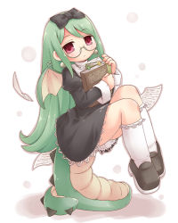 Rule 34 | 1girl, bad id, bad pixiv id, blush, book, bow, dragon girl, dragon tail, dragon wings, dress, glasses, green hair, hair bow, long hair, looking at viewer, mizuno mumomo, monster girl, original, pages, red eyes, shoes, slit pupils, socks, solo, tail, wings