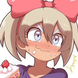 Rule 34 | 1girl, ^^^, alternate costume, bea (pokemon), blonde hair, blush, bow, bow hairband, cake, cake slice, closed mouth, collarbone, commentary, cosplay, creatures (company), dark-skinned female, dark skin, embarrassed, eyelashes, food, food on face, game freak, grey eyes, hair between eyes, hair bow, hairband, holding, holding cake, holding food, kiki (majo no takkyuubin), kiki (majo no takkyuubin) (cosplay), kurachi mizuki, looking to the side, majo no takkyuubin, nintendo, pink hairband, pokemon, pokemon swsh, portrait, purple shirt, shirt, short hair, simple background, smile, solo, sweat, sweatdrop, wavy mouth, white background
