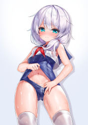 Rule 34 | 1girl, blue one-piece swimsuit, blush, breasts, commentary request, ehart, green eyes, honkai (series), honkai impact 3rd, lifting own clothes, long hair, looking at viewer, navel, one-piece swimsuit, ponytail, sailor collar, school swimsuit, school swimsuit flap, small breasts, swimsuit, theresa apocalypse, thighhighs, wet, wet clothes, white hair, white thighhighs