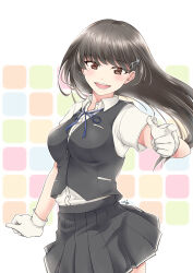 Rule 34 | 1girl, absurdres, black hair, black skirt, black vest, blue ribbon, breasts, brown eyes, collared shirt, dress shirt, gloves, hayashio (kancolle), highres, kantai collection, long hair, long neck, looking at viewer, matsuura@parao, medium breasts, mole, mole under eye, neck ribbon, open mouth, pleated skirt, pointing, ribbon, school uniform, shirt, skirt, smile, solo, vest, white background, white gloves, white shirt
