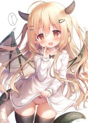 Rule 34 | 1girl, :d, black thighhighs, blonde hair, brown eyes, clothes lift, cowboy shot, dragon girl, dragon horns, dragon tail, dragon wings, dress, dress lift, hair ornament, hairclip, heart, highres, horns, lifted by self, long hair, long sleeves, looking at viewer, momozu komamochi, open mouth, original, panties, panty peek, pink panties, signature, simple background, smile, solo, speech bubble, standing, tail, thighhighs, translation request, underwear, white background, white dress, wings