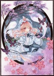 Rule 34 | 1girl, blue dress, bug, butterfly, calligraphy brush (medium), cherry blossoms, color ink (medium), dress, ghost, hat, bug, long hair, long sleeves, mob cap, mosho, one eye closed, painting (medium), painting (object), red eyes, red hair, saigyouji yuyuko, sash, smile, solo, thighs, touhou, traditional media, tree, triangular headpiece, watercolor (medium), wide sleeves