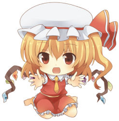 Rule 34 | 1girl, bad id, bad pixiv id, blonde hair, chibi, flandre scarlet, incoming hug, looking at viewer, lowres, okina (okina413), outstretched arms, red eyes, side ponytail, simple background, solo, touhou, white background