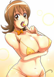 Rule 34 | 1girl, ahoge, bikini, breasts, brown eyes, brown hair, cleavage, covered erect nipples, happinesscharge precure!, large breasts, looking at viewer, micro bikini, navel, oomori yuuko, open mouth, precure, pururun z, short hair, solo, swimsuit, tongue, tongue out, wardrobe malfunction