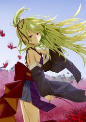Rule 34 | 1girl, absurdres, back bow, bare shoulders, black kimono, blunt bangs, blunt ends, blurry, blurry background, bow, breasts, closed mouth, colored eyelashes, commentary request, cowboy shot, day, detached sleeves, expressionless, floating hair, flower, from side, green hair, hair ribbon, hand up, highres, holding, holding ribbon, huge bow, japanese clothes, kimono, long hair, long sleeves, looking at viewer, mamiya yuki, murasame (senren), one side up, outdoors, red bow, red eyes, red flower, red ribbon, red sash, ribbon, sash, senren banka, short kimono, sideboob, sidelocks, small breasts, solo, spider lily, tsurime, very long hair, wide sleeves, wind