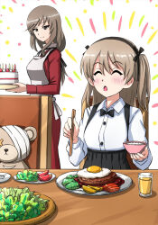 Rule 34 | 2girls, bandages, birthday cake, black bow, black bowtie, black ribbon, black skirt, blazer, boko (girls und panzer), bow, bowl, bowtie, brown eyes, cake, casual, chopsticks, closed eyes, closed mouth, collared shirt, commentary, cup, dress shirt, drinking glass, eating, egg (food), food, formal, girls und panzer, hair ribbon, hamburger steak, happy, high-waist skirt, high collar, highres, holding, holding bowl, holding cake, holding chopsticks, holding food, jacket, jumpsuit, lettuce, light brown hair, light rays, long hair, long skirt, long sleeves, looking at another, low-tied long hair, mother and daughter, multiple girls, neck ribbon, omachi (slabco), one side up, open mouth, orange jumpsuit, plate, red jacket, red skirt, ribbon, rice, shimada arisu, shimada chiyo, shirt, sitting, skirt, skirt suit, smile, standing, stuffed animal, stuffed toy, suit, suspender skirt, suspenders, table, teddy bear, white shirt