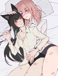 2girls absurdres animal_ear_fluff animal_ears bed_sheet bite_mark bite_mark_on_leg black_panties blunt_bangs blush breasts cleavage closed_mouth commentary commission cowboy_shot english_commentary eye_contact fox_ears fox_girl glasses hair_between_eyes hand_on_another&#039;s_hand hand_on_another&#039;s_head highres hoshimi_miyabi lipstick_mark lipstick_mark_on_arm lipstick_mark_on_breast lipstick_mark_on_leg lipstick_mark_on_neck long_hair looking_at_another lying mizurko multiple_girls on_side panties pillow pink_eyes pink_hair second-party_source shirt sidelocks smile tsukishiro_yanagi underwear white_shirt yuri zenless_zone_zero