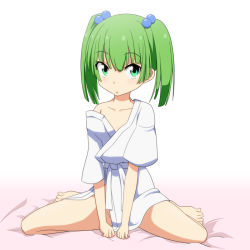 Rule 34 | 1girl, bare legs, barefoot, cato (monocatienus), collarbone, green eyes, green hair, groin, hair bobbles, hair ornament, japanese clothes, kimono, kisume, looking at viewer, matching hair/eyes, off shoulder, open clothes, open kimono, open mouth, sash, sitting, solo, touhou, twintails, wariza, yukata