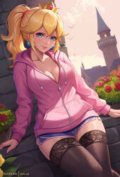 Rule 34 | 1girl, alternate costume, bird, black thighhighs, blonde hair, blue eyes, blue shorts, breasts, bush, castle, casual, cleavage, closed mouth, cloud, commentary, crown, drawstring, earrings, english commentary, exlic, flower, highres, hood, hood down, hoodie, jewelry, large breasts, lips, mario (series), nintendo, outdoors, pink hoodie, ponytail, princess peach, red flower, red rose, rose, short shorts, shorts, sitting, sky, solo, sphere earrings, super mario bros. 1, thighhighs, thighs, zipper