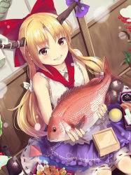 Rule 34 | 1girl, bare shoulders, blonde hair, blush, bottle, bow, brown eyes, center frills, culter, dutch angle, feet out of frame, fish, frills, gourd, grin, hair between eyes, hair bow, horns, ibuki suika, indoors, lens flare, long hair, looking at viewer, oni, oni horns, plant, purple skirt, red bow, red neckwear, sample watermark, shirt, sidelocks, single horn, sitting, skirt, sleeveless, sleeveless shirt, smile, solo, touhou, very long hair, water drop, watermark, white shirt