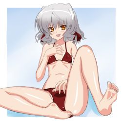 Rule 34 | 00s, 1girl, bell zephyr, bikini, feet, female focus, flat chest, looking at viewer, night wizard, non-web source, open mouth, orange eyes, red bikini, short hair, silver hair, sitting, smile, solo, spread legs, swimsuit