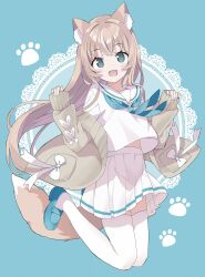Rule 34 | 1girl, :d, animal ear fluff, animal ears, blue background, blue eyes, blue footwear, blue neckerchief, blush, bow, brown cardigan, brown hair, cardigan, commentary, doily, fang, full body, hands up, highres, loafers, long hair, long sleeves, looking at viewer, multicolored hair, neckerchief, off shoulder, open cardigan, open clothes, open mouth, original, pinching sleeves, pleated skirt, puffy long sleeves, puffy sleeves, sailor collar, school uniform, serafuku, shirt, shoes, skirt, sleeves past wrists, smile, solo, streaked hair, symbol-only commentary, tail, tantan men (dragon), thighhighs, very long hair, white bow, white sailor collar, white serafuku, white shirt, white skirt, white thighhighs