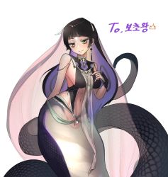 Rule 34 | 1girl, bags under eyes, black hair, breasts, colored inner hair, commission, contrapposto, earrings, female focus, head tilt, highres, jewelry, lamia, long hair, medium breasts, monster girl, msaeng (00grimza), multicolored hair, navel, original, purple hair, scales, sideboob, simple background, single earring, smile, solo, veil, white background, yellow eyes