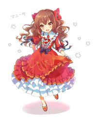 Rule 34 | 1girl, :d, belt, blush, bow, brown hair, curly hair, dress, frilled dress, frills, full body, gloves, hair bow, long hair, looking at viewer, open mouth, original, red bow, red dress, red eyes, ribbon, sakuro, shadow, short sleeves, simple background, smile, solo, teeth, walking, wavy hair, white gloves