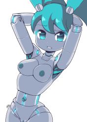 Rule 34 | 1girl, absurdres, android, blue eyes, blue hair, breasts, collarbone, dutch angle, eyebrows, godichi, highres, jenny wakeman, joints, my life as a teenage robot, navel, no humans, nude, pussy, robot, robot girl, robot joints, screw, signature, solo, twintails