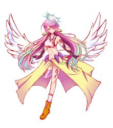Rule 34 | 1girl, absurdres, angel wings, asymmetrical legwear, breasts, brown footwear, spiked halo, elbow gloves, ella zhao, feathered wings, gloves, halo, highres, jibril (no game no life), long hair, low wings, magic circle, midriff, mismatched legwear, navel, no game no life, outstretched arms, purple hair, red eyes, sideboob, single thighhigh, small breasts, solo, standing, standing on one leg, thighhighs, thighs, transparent background, very long hair, watermark, white wings, wing ears, wings