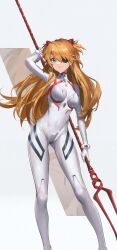 10s 1girl artist_collaboration blue_eyes bodysuit breasts brown_hair crossover evangelion:_3.0+1.0_thrice_upon_a_time eyepatch floating_hair goddess_of_victory:_nikke holding holding_weapon lance lance_of_longinus_(evangelion) long_hair mecha_pilot_suit neon_genesis_evangelion official_art plugsuit polearm rebuild_of_evangelion shiny_clothes skin_tight sound souryuu_asuka_langley tagme weapon white_bodysuit wide_hips