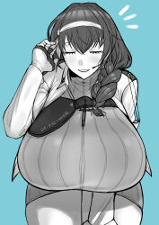 Rule 34 | 1girl, absurdres, blush, braid, breasts, closed eyes, dress, fukamichi ran&#039;ou, goddess of victory: nikke, greyscale, grin, hairband, headset, highres, huge breasts, jacket, leaning forward, long hair, mary (nikke), monochrome, ribbed sweater, smile, solo, sweater, sweater dress
