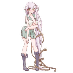 Rule 34 | 10s, 1girl, absurdly long hair, arched back, blush, boots, breasts, buttons, collarbone, eyebrows, full body, green eyes, hair flaps, hair ornament, hair ribbon, kantai collection, knee boots, long hair, looking to the side, low-tied long hair, messy hair, mikeco, navel, no bra, pink hair, pleated skirt, ponytail, ribbon, school uniform, serafuku, shirt, side ponytail, simple background, skirt, solo, standing, torn clothes, torn shirt, torn skirt, very long hair, white background, yura (kancolle)