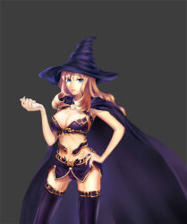 Rule 34 | 1girl, armor, bikini armor, blonde hair, blue eyes, breasts, cape, cleavage, grey background, hat, inanna123, large breasts, long hair, original, simple background, solo, thighhighs, witch, witch hat
