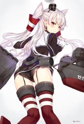 Rule 34 | 10s, 1girl, amagai tarou, amatsukaze (kancolle), ass, black panties, blush, brown eyes, dress, from behind, frown, garter straps, gloves, hair tubes, kantai collection, long hair, looking at viewer, looking back, machinery, panties, sailor dress, short dress, silver hair, smoke, smokestack, solo, striped clothes, striped thighhighs, thighhighs, two side up, underwear