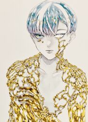 Rule 34 | 1other, blue hair, bowl cut, closed mouth, collarbone, colored eyelashes, cracked skin, golden arms, green eyes, hair behind ear, hand on own arm, hand up, heterochromia, highres, houseki no kuni, lips, looking at viewer, mismatched pupils, mt5 014, multicolored hair, nude, other focus, phosphophyllite, phosphophyllite (ll), short hair, simple background, solo, spoilers, streaked hair, upper body, white eyes, white hair