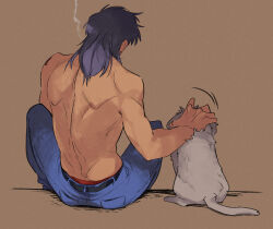 Rule 34 | 1boy, back, belt, black belt, black hair, blue pants, brown background, commentary request, dog, feet out of frame, from behind, highres, inudori, itou kaiji, kaiji, long hair, male focus, male underwear, male underwear peek, pants, petting, red male underwear, sitting, smoking, solo, topless male, underwear