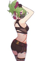 Rule 34 | 1girl, arms up, ass, back, black gloves, black shorts, body markings, breasts, clothing cutout, crop top, earrings, fishnet thighhighs, fishnet top, fishnets, from behind, genshin impact, gloves, green hair, hair ornament, highres, jewelry, jon eve, kuki shinobu, looking at viewer, looking back, mask, midriff, mouth mask, ninja mask, partially fingerless gloves, purple eyes, rope, shimenawa, short ponytail, shorts, simple background, solo, tassel, tassel earrings, thighhighs, thighs, white background