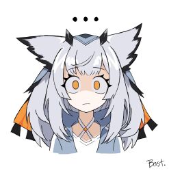 ... 1girl :| animal_ears arknights artist_name bastetris black_hair closed_mouth commentary criss-cross_halter cropped_shoulders feather_hair glaring grey_hair halterneck highres long_hair looking_at_viewer no_nose no_pupils orange_eyes owl_ears partially_shaded_face pointy_hair ptilopsis_(arknights) shirt simple_background solo staring upper_body white_background white_shirt