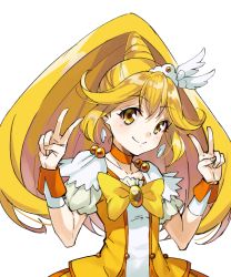 Rule 34 | 1girl, ayanon, blonde hair, blush, bow, choker, closed mouth, cure peace, double v, earrings, hair flaps, hair ornament, highres, jewelry, kise yayoi, long hair, magical girl, orange choker, precure, simple background, smile, smile precure!, solo, upper body, v, white background, wrist cuffs, yellow bow, yellow eyes