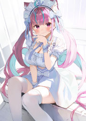 Rule 34 | 1girl, ahoge, animal ear fluff, between legs, blue hair, blue nails, blush, bow, breasts, cleavage, closed mouth, colored inner hair, commentary request, drill hair, extra ears, feet out of frame, frilled sleeves, frills, gaou (umaiyo puyoman), hair bow, hand between legs, hand up, high-waist skirt, hololive, large breasts, long hair, looking at viewer, maid headdress, minato aqua, minato aqua (1st costume), multicolored hair, nail polish, pink eyes, pink hair, shirt, sitting, skirt, smile, solo, thighhighs, twin drills, twintails, v, very long hair, virtual youtuber, white bow, white shirt, white skirt, white thighhighs, wrist cuffs
