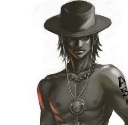 Rule 34 | 1boy, beads, freckles, hat, jewelry, jolly roger, male focus, monochrome, muscular, necklace, one piece, portgas d. ace, simple background, solo, stampede string, tattoo, topless male, white background