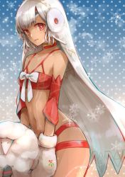 Rule 34 | 1girl, altera (fate), altera the santa (fate), bare shoulders, breasts, choker, collarbone, dark-skinned female, dark skin, detached sleeves, earmuffs, fate/grand order, fate (series), full-body tattoo, gloves, hip focus, looking at viewer, midriff, mittens, navel, open mouth, red eyes, revealing clothes, riding, sheep, short hair, small breasts, solo, tattoo, white gloves, white hair, white mittens, yakan (kusogaki teikoku)