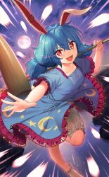 Rule 34 | 1girl, attack, bloomers, blue dress, blue hair, buttons, collar, crescent print, danmaku, dress, floppy ears, frilled collar, frilled dress, frilled sleeves, frills, full moon, hammer, holding, holding hammer, kine, leaning forward, low twintails, mallet, medium hair, moon, night, official art, open mouth, outstretched arm, over shoulder, puffy short sleeves, puffy sleeves, rabbit, red eyes, seiran (touhou), shiba 0, short dress, short sleeves, smile, socks, speed lines, star (symbol), star print, third-party source, touhou, touhou cannonball, twintails, underwear, v-shaped eyebrows, weapon, weapon over shoulder, white bloomers, white socks