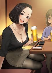 Rule 34 | 2girls, :|, alcohol, beer, black hair, blush, bracelet, breasts, brown eyes, brown hair, brown legwear, cleavage, closed mouth, douki-chan (douki-chan), earrings, ganbare douki-chan, head tilt, highres, hoop earrings, jewelry, jitome, large breasts, looking at viewer, medium breasts, multiple girls, necklace, office lady, open mouth, pantyhose, pencil skirt, restaurant, senpai-san (douki-chan), shaded face, short hair, sitting, skirt, sleeves rolled up, smile, table, teeth, upper teeth only, v-neck, yokozuwari, yomu (sgt epper)