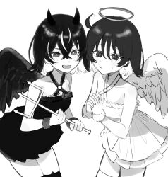 Rule 34 | 2girls, angel wings, closed mouth, colored inner hair, demon girl, demon horns, demon wings, dress, earrings, greyscale, hair between eyes, halo, highres, holding trident, horns, jewelry, looking at viewer, monochrome, multicolored hair, multiple girls, open mouth, original, own hands clasped, own hands together, polearm, ringed eyes, sambel kacang1, short hair, star (symbol), star earrings, thighhighs, trident, upper body, weapon, wings, wrist cuffs