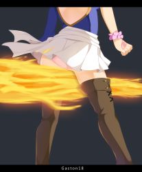 Rule 34 | 1girl, artist name, ass, asymmetrical sleeves, backless outfit, between legs, boots, breasts, brown footwear, fairy tail, fire, gaston18, grey background, hand tattoo, head out of frame, highres, legs, legs apart, letterboxed, lower body, lucy heartfilia, miniskirt, panties, pink panties, simple background, skirt, solo, tattoo, thigh boots, thighhighs, underwear, uneven sleeves, upskirt, view between legs, water, white skirt