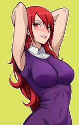 Rule 34 | armpits, arms behind head, arms up, breasts, collared shirt, covered navel, green background, highres, kirijou mitsuru, large breasts, lepypepy, lips, long hair, looking at viewer, parted lips, patreon username, persona, persona 3, purple shirt, red eyes, red hair, shirt, sidelocks, sleeveless, sleeveless shirt, smile, teeth, upper body, watermark, web address