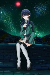 Rule 34 | 10s, 1girl, belt, blue eyes, blue hair, blush, building, fingerless gloves, fringe trim, gloves, hai to gensou no grimgar, hair between eyes, highres, house, legs, light smile, long hair, looking at viewer, merry (grimgar), night, night sky, nihility, shoes, sitting, sky, star (sky), thighhighs, tree, village, wall, white thighhighs