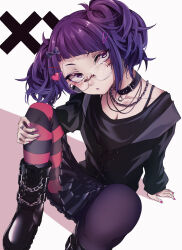 Rule 34 | 1girl, absurdres, black choker, black footwear, black shirt, black skirt, bow, breasts, chain necklace, choker, cleavage, closed mouth, collarbone, commentary request, diagonal bangs, facing viewer, glasses, hair bow, hair ornament, hairpin, hand on ground, hand on own leg, heart, highres, idolmaster, idolmaster shiny colors, jewelry, knees up, long sleeves, looking afar, lulutaeri, medium breasts, nail polish, necklace, pleated skirt, purple eyes, purple hair, purple lips, purple nails, rimless eyewear, ring, shadow, shirt, short twintails, simple background, sitting, skirt, socks, solo, striped clothes, striped socks, tanaka mamimi, twintails, white background
