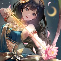 Rule 34 | 1girl, armlet, arrow (projectile), black hair, blunt bangs, blurry, blurry background, bow (weapon), braid, closed mouth, commentary request, crescent moon, flower, gold trim, grey eyes, hair flower, hair ornament, holding, holding arrow, holding bow (weapon), holding weapon, jewelry, light particles, long hair, lotus, moon, necklace, petals, protagonist 2 (housamo), red lips, single braid, smile, solo, tass commuovere, tokyo houkago summoners, upper body, weapon
