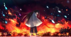 Rule 34 | 1boy, aki (neyuki41028), asakura hao, black footwear, black pants, brown eyes, brown hair, burning, cape, closed mouth, commentary request, embers, fire, from side, full body, highres, long hair, looking down, male focus, outdoors, pants, plant, profile, shaman king, shoes, smile, smoke, solo, standing, star (symbol), very long hair, white cape