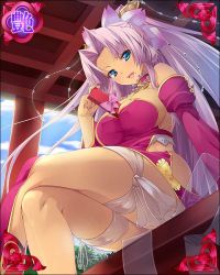 Rule 34 | 1girl, artist request, between breasts, bibyo, blue eyes, box, breasts, china dress, chinese clothes, cleavage, crossed legs, detached sleeves, dress, from below, hikage eiji, koihime musou, large breasts, leg ribbon, legs, long hair, looking down, open mouth, outdoors, pink hair, ponytail, red dress, ribbon, sitting, smile, solo, sonsaku, thigh ribbon, thighs, very long hair