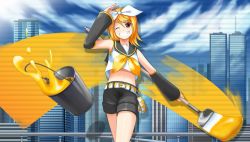 Rule 34 | 1girl, bad id, bad pixiv id, bucket, cityscape, cloud, day, grin, hair ornament, hair ribbon, hairclip, kagamine rin, navel, one eye closed, paint, paint can, paintbrush, red eyes, reflection, ribbon, short hair, shorts, sky, smile, solo, vocaloid, wink, yakitori (oni)