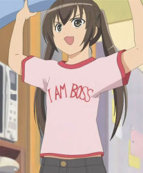 Rule 34 | 00s, 1girl, brown hair, i am boss, indoors, long hair, minami-ke, minami kana, open mouth, shirt, short sleeves, short twintails, solo, standing, stitched, t-shirt, third-party edit, twintails