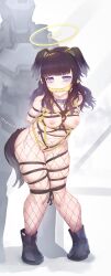 Rule 34 | 1girl, animal ears, arms behind back, bare shoulders, bdsm, black hair, blue archive, blunt bangs, blush, bondage, bound, bound arms, bound legs, breasts, chain, chain leash, collar, crying, crying with eyes open, dog ears, dog girl, dog tags, dog tail, fishnet pantyhose, fishnets, full body, gagged, halo, hibiki (blue archive), hibiki (cheer squad) (blue archive), highres, leash, long hair, looking at viewer, medium breasts, millennium cheerleader outfit (blue archive), morisova, navel, pantyhose, purple eyes, restrained, saliva, shibari, shoes, sidelocks, solo focus, sweat, tail, tears, torn clothes, torn pantyhose