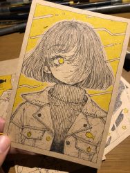 Rule 34 | 1girl, expressionless, hair over one eye, highres, jacket, kitamurashu, looking at viewer, monochrome, original, outline, photo (medium), solo, spot color, traditional media, upper body, white jacket, white outline, yellow background, yellow eyes