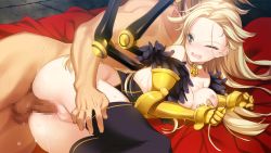 Rule 34 | 1boy, 1girl, anal, ass, bare shoulders, bed, black legwear, blonde hair, blue eyes, blush, grabbing another&#039;s breast, breasts, censored, eiyuu senki, eiyuu senki gold, game cg, gilgamesh (eiyuu senki), grabbing, legs, long hair, looking back, lying, mosaic censoring, nipples, no panties, on side, one eye closed, ooyari ashito, open mouth, pussy, sex, sweat, tenco, thighs, wavy mouth, wince