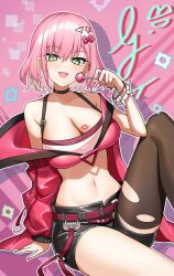 Rule 34 | 1girl, agibe, asymmetrical legwear, breasts, candy, cleavage, crop top, duel monster, evil twin ki-sikil, fang, food, green eyes, highres, jacket, ki-sikil (yu-gi-oh!), large breasts, lipstick mark, lipstick mark on breast, lollipop, looking at viewer, midriff, navel, official alternate costume, open clothes, open jacket, pink hair, short hair, short shorts, shorts, sitting, smile, solo, strapless, yu-gi-oh!