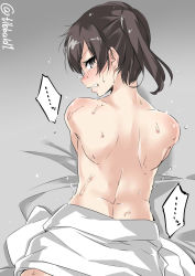 Rule 34 | ..., 10s, 1girl, ass, bad id, bad twitter id, bare back, black eyes, black hair, blanket, blush, cowboy shot, ebifurya, eyebrows, grey background, highres, inactive account, kaga (kancolle), kantai collection, looking at viewer, looking back, lying, on back, profile, side ponytail, solo, spoken ellipsis, sweat, twitter username